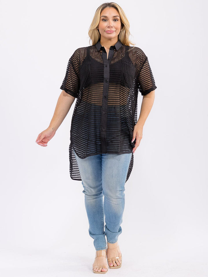 PLUS SIZE SHORT SLEEVE BUTTON UP FRONT POCKET HIGH-LOW LOOSE FIT TOP