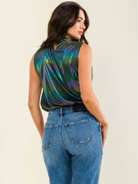 WOMEN'S SLEEVELESS COWL NECK MULTI METALLIC BODYSUIT