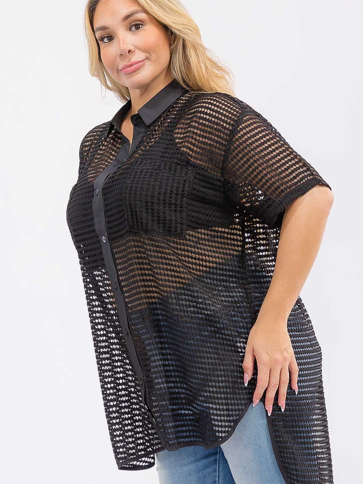 PLUS SIZE SHORT SLEEVE BUTTON UP FRONT POCKET HIGH-LOW LOOSE FIT TOP