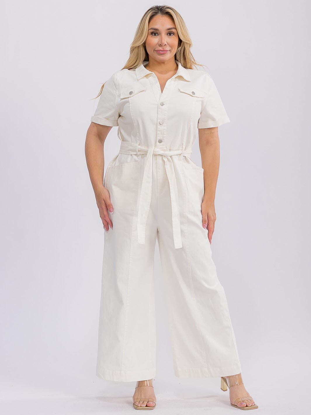 PLUS SIZE SHORT SLEEVE BUTTON UP SELF TIE DENIM WIDE LEG JUMPSUIT