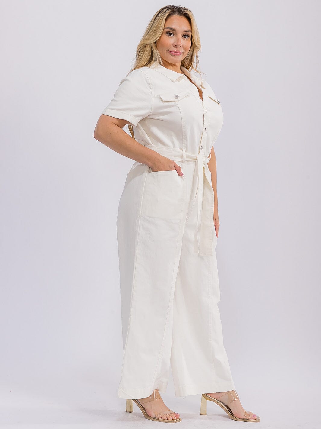 PLUS SIZE SHORT SLEEVE BUTTON UP SELF TIE DENIM WIDE LEG JUMPSUIT