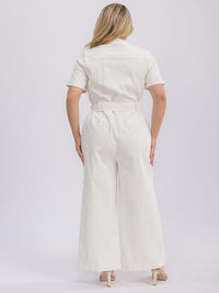 PLUS SIZE SHORT SLEEVE BUTTON UP SELF TIE DENIM WIDE LEG JUMPSUIT