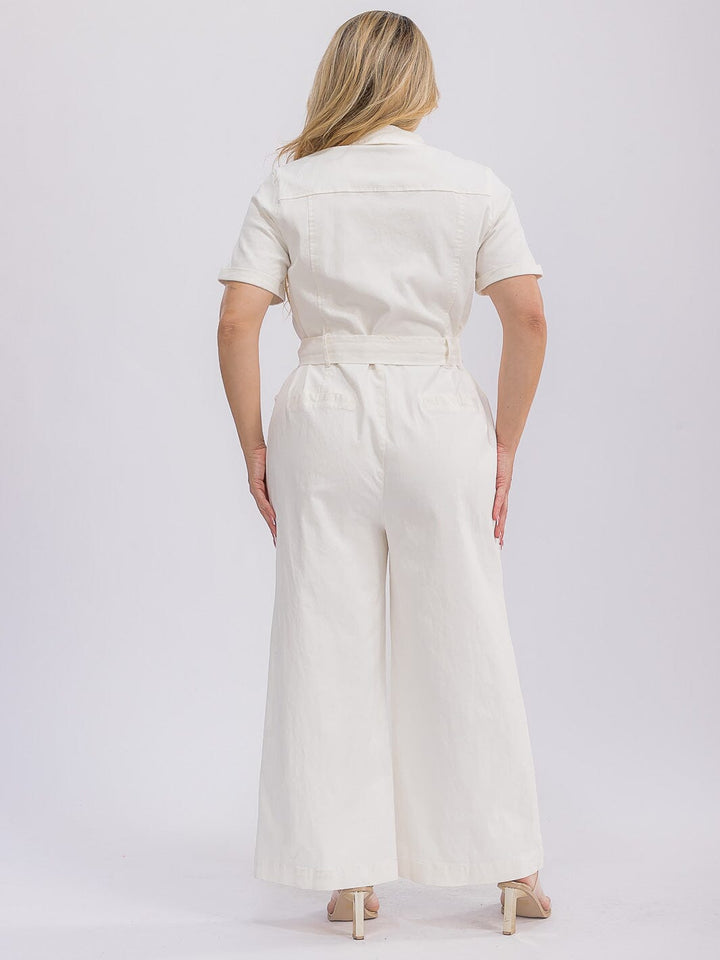 PLUS SIZE SHORT SLEEVE BUTTON UP SELF TIE DENIM WIDE LEG JUMPSUIT