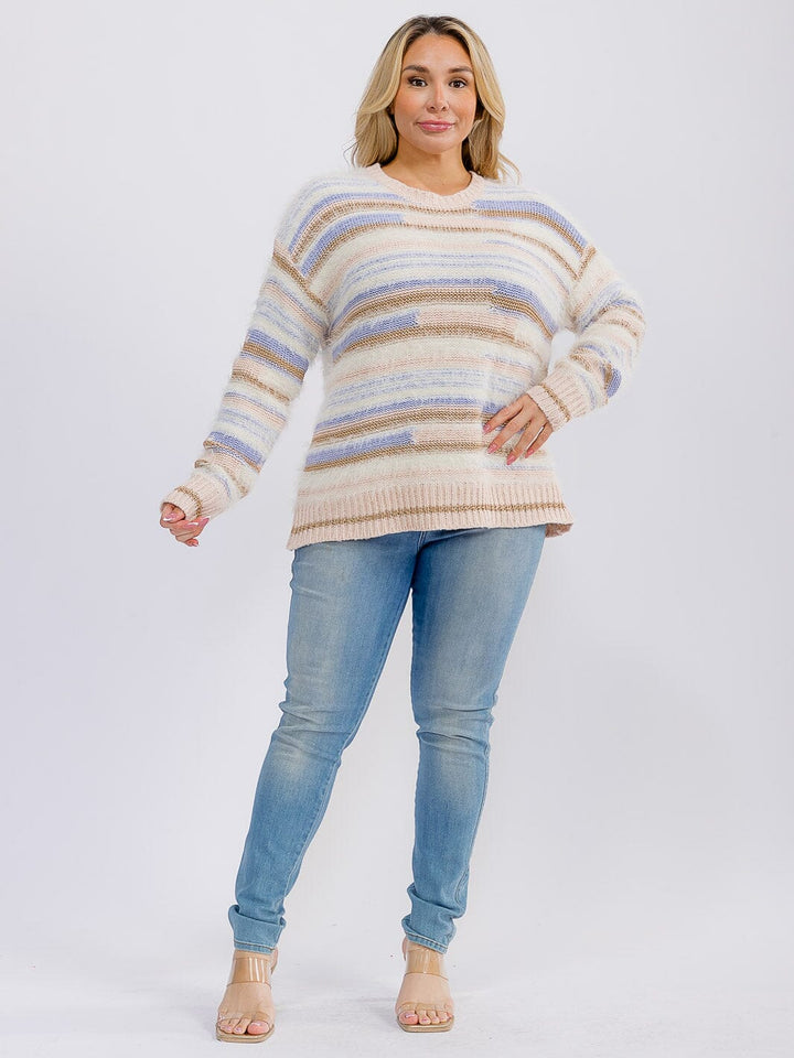 PLUS SIZE LONG SLEEVE COLORBLOCK STRIPES PULLOVER KNIT SWEATER