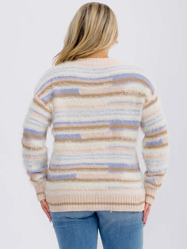 PLUS SIZE LONG SLEEVE COLORBLOCK STRIPES PULLOVER KNIT SWEATER