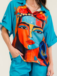 HALFHEART WOMEN'S SHORT SLEEVE BUTTON UP TOP & ELASTIC WAIST WIDE LEG PANTS MULTI PRINT 2PC. SET