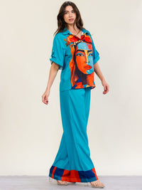 HALFHEART WOMEN'S SHORT SLEEVE BUTTON UP TOP & ELASTIC WAIST WIDE LEG PANTS MULTI PRINT 2PC. SET