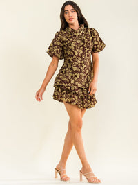 ENTRO WOMEN'S SHORT PUFF SLEEVE MOCK NECK FLORAL PRINT BLOUSE