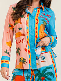 HALFHEART WOMEN'S LONG SLEEVE BUTTON UP TOP & ELASTIC WAIST WIDE LEG PANTS MULTI PRINT 2PC. SET