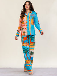 HALFHEART WOMEN'S LONG SLEEVE BUTTON UP TOP & ELASTIC WAIST WIDE LEG PANTS MULTI PRINT 2PC. SET