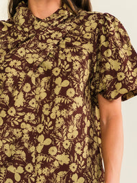 ENTRO WOMEN'S SHORT PUFF SLEEVE MOCK NECK FLORAL PRINT BLOUSE