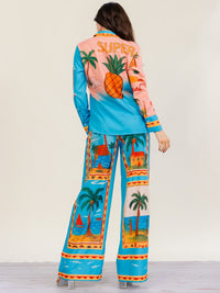 HALFHEART WOMEN'S LONG SLEEVE BUTTON UP TOP & ELASTIC WAIST WIDE LEG PANTS MULTI PRINT 2PC. SET