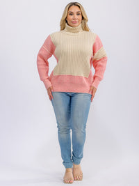 PLUS SIZE LONG SLEEVE TURTLE NECK COLORBLOCK KNIT PULLOVER SWEATER