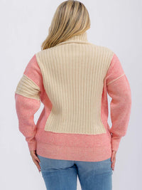 PLUS SIZE LONG SLEEVE TURTLE NECK COLORBLOCK KNIT PULLOVER SWEATER