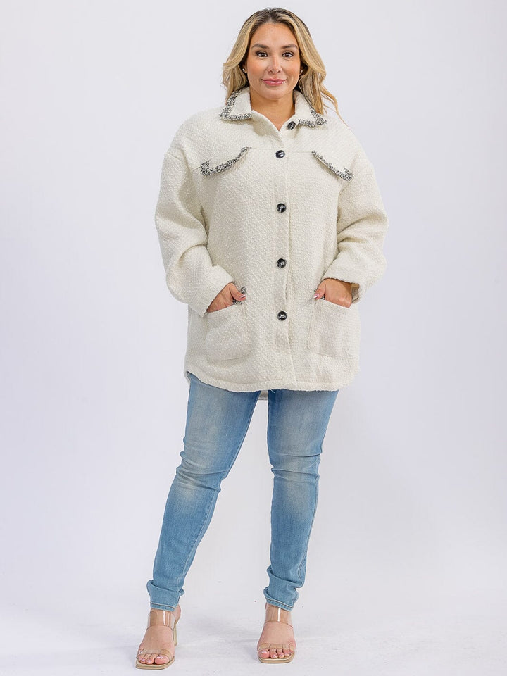 PLUS SIZE LONG SLEEVE BUTTON CLOSURE FRONT POCKETS TWEED JACKET