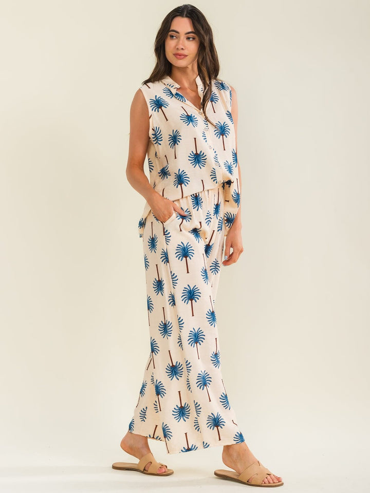 BEULAH WOMEN'S SLEEVELESS BUTTON UP TOP & ELASTIC WAIST WIDE LEG PANTS PRINT 2PC. SET