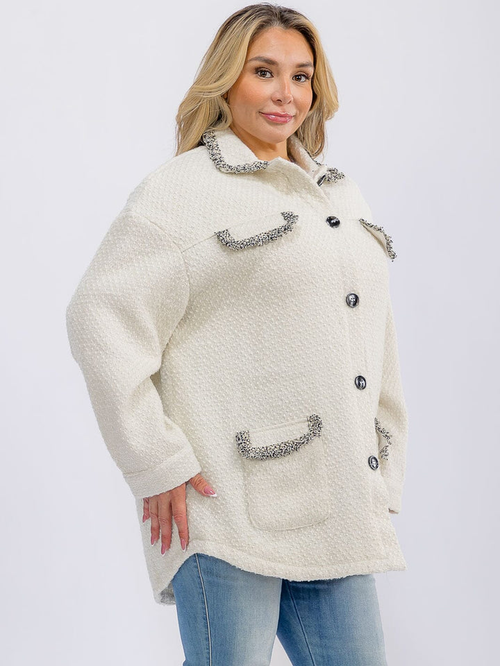 PLUS SIZE LONG SLEEVE BUTTON CLOSURE FRONT POCKETS TWEED JACKET