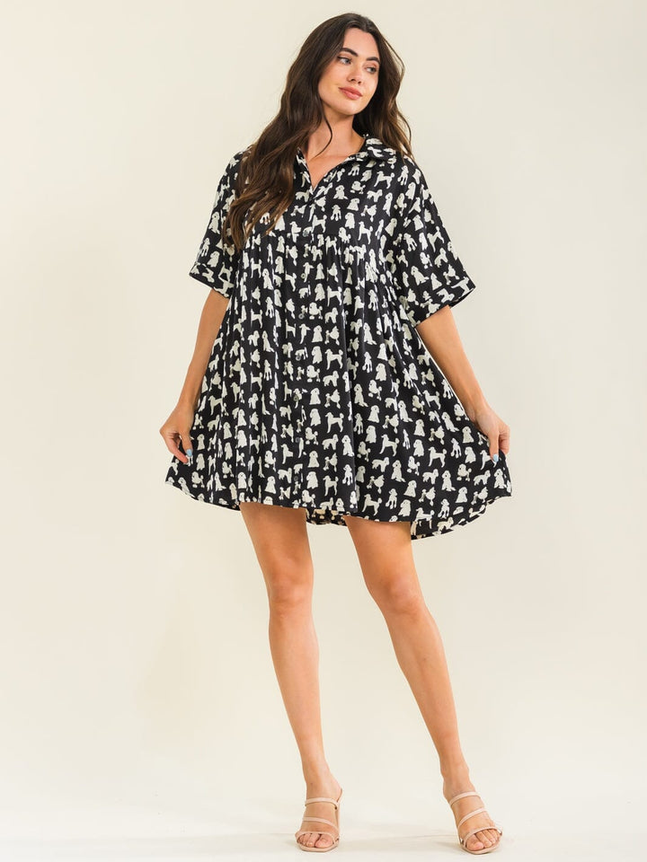 ENTRO WOMEN'S SHORT SLEEVE BUTTON UP POCKETS TUNIC MULTI PRINT MINI DRESS