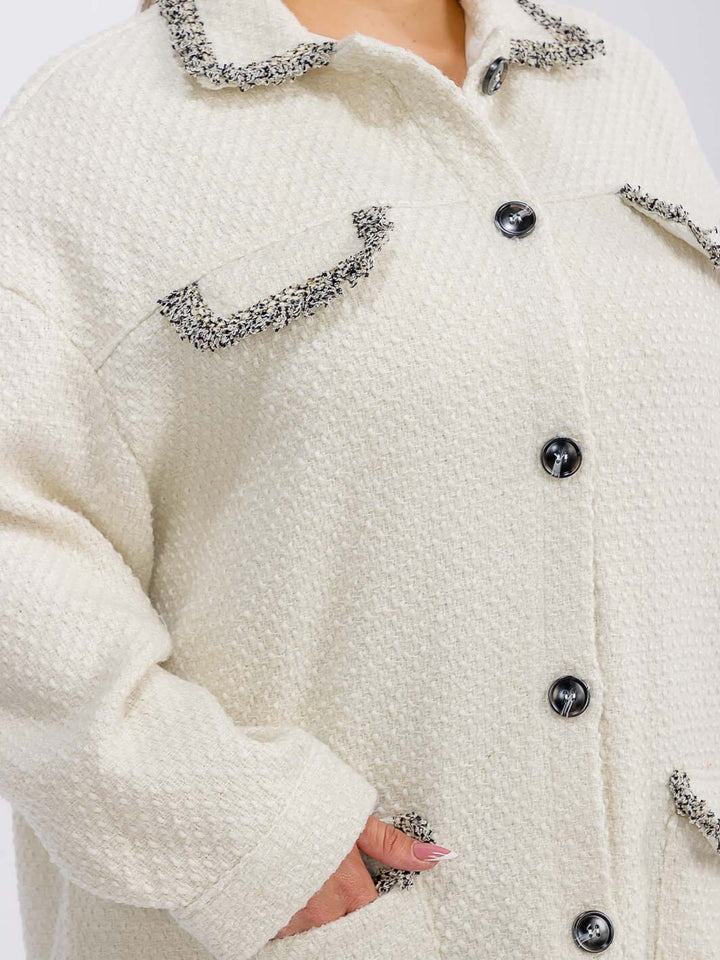 PLUS SIZE LONG SLEEVE BUTTON CLOSURE FRONT POCKETS TWEED JACKET