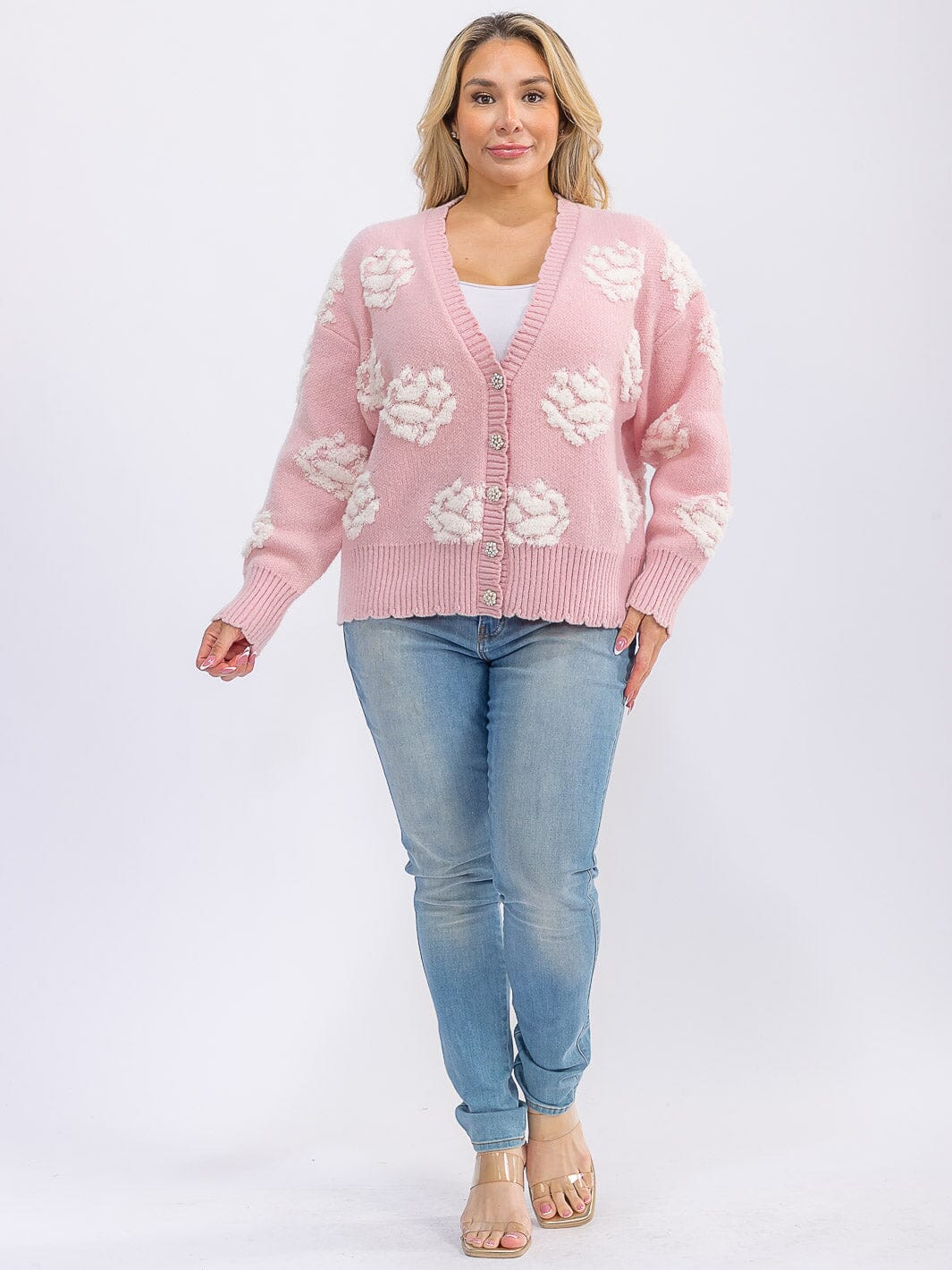 PLUS SIZE LONG SLEEVE BUTTON CLOSURE FLOWER DETAILED SWEATER