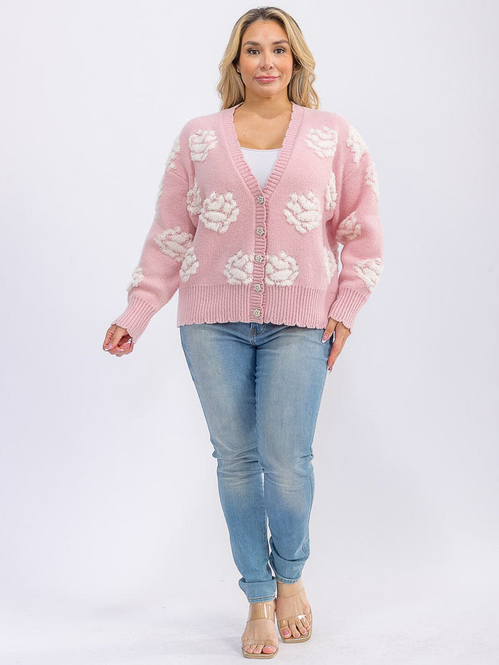PLUS SIZE LONG SLEEVE BUTTON CLOSURE FLOWER DETAILED SWEATER