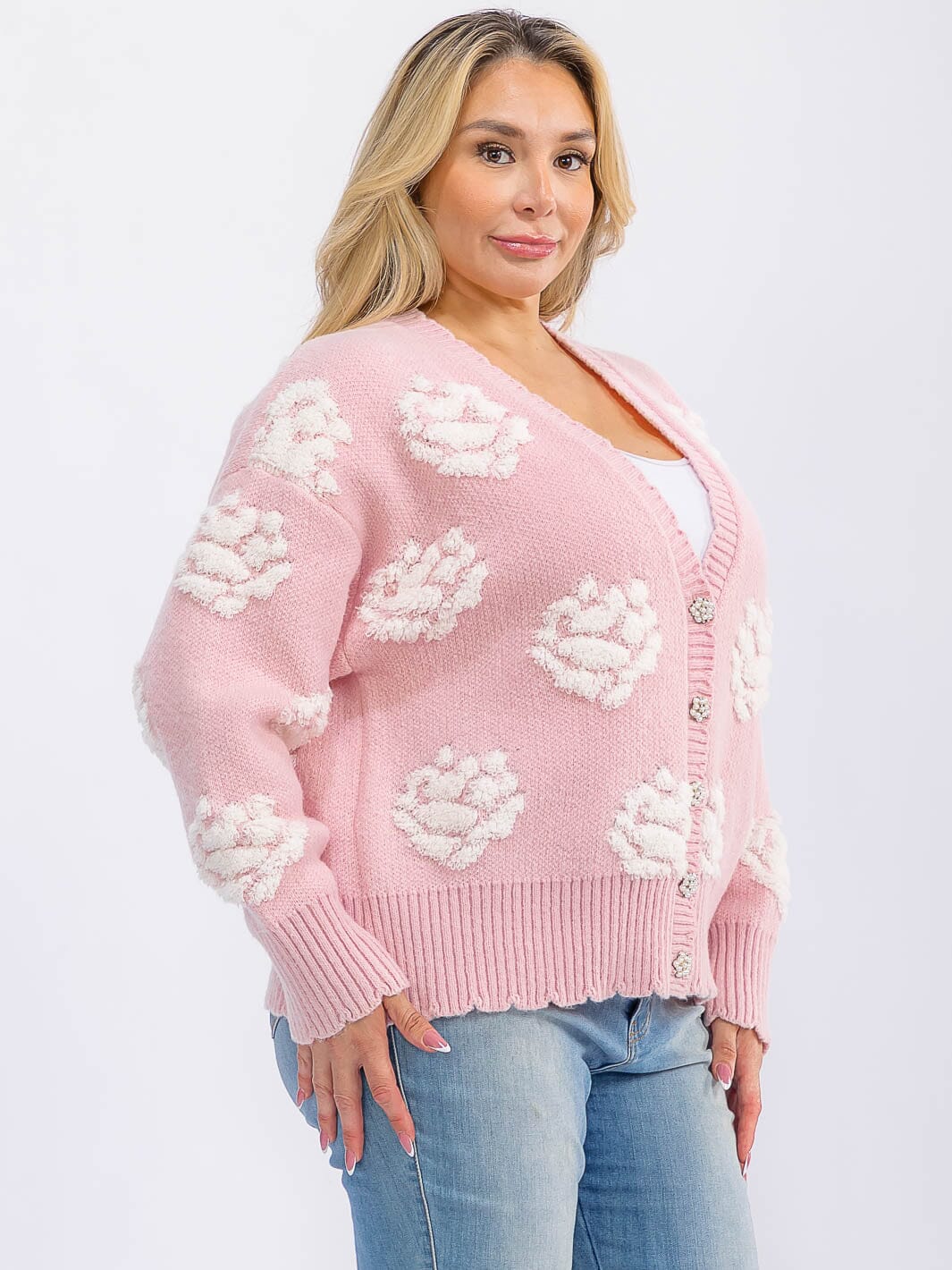 PLUS SIZE LONG SLEEVE BUTTON CLOSURE FLOWER DETAILED SWEATER