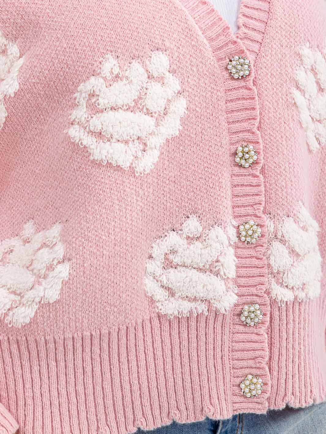 PLUS SIZE LONG SLEEVE BUTTON CLOSURE FLOWER DETAILED SWEATER