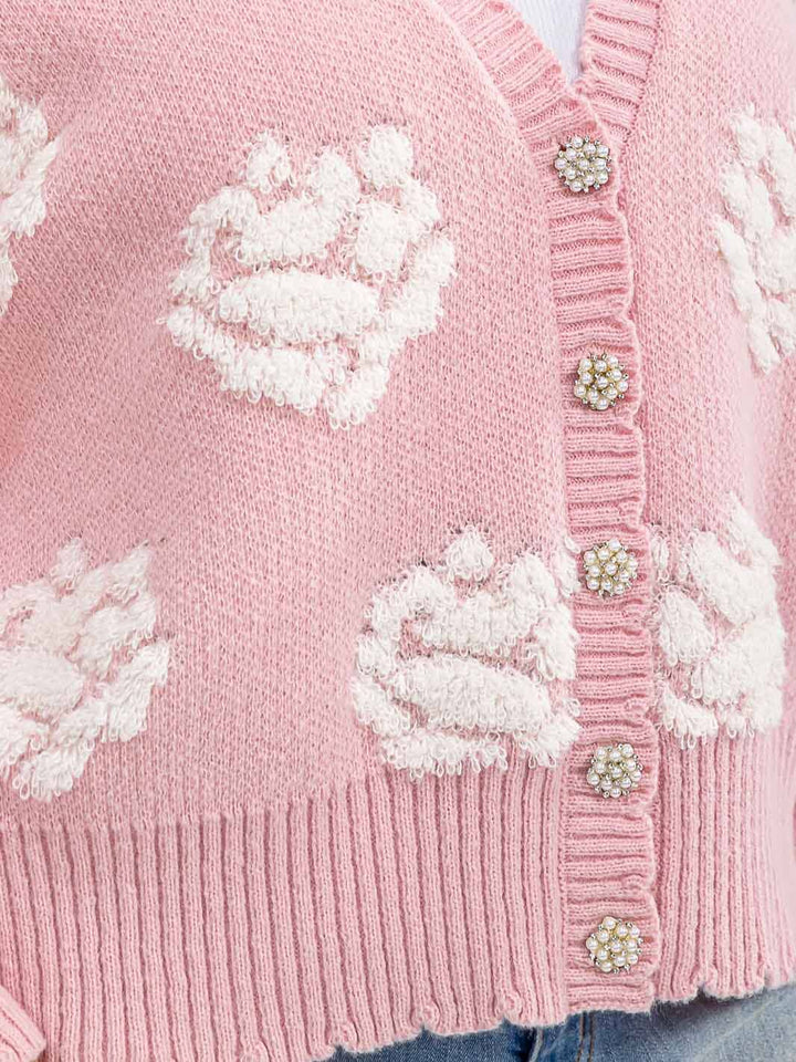 PLUS SIZE LONG SLEEVE BUTTON CLOSURE FLOWER DETAILED SWEATER