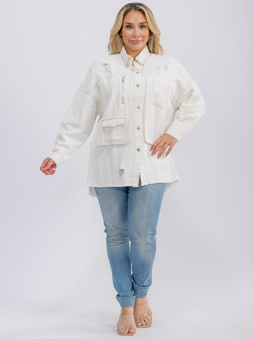 PLUS SIZE LONG SLEEVE BUTTON CLOSURE FRONT POCKETS DISTRESS DENIM SHACKET