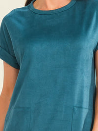WOMEN'S SHORT SLEEVE FRONT POCKETS VELVET MINI DRESS