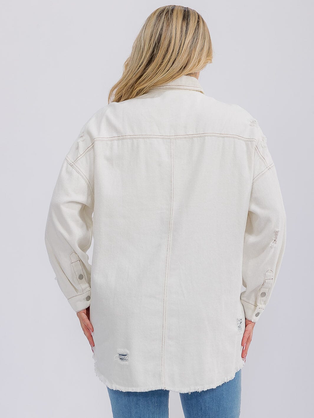 PLUS SIZE LONG SLEEVE BUTTON CLOSURE FRONT POCKETS DISTRESS DENIM SHACKET