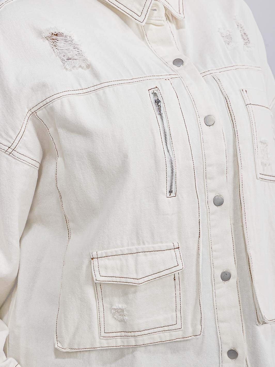 PLUS SIZE LONG SLEEVE BUTTON CLOSURE FRONT POCKETS DISTRESS DENIM SHACKET