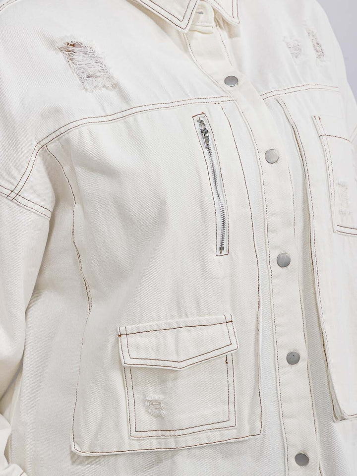 PLUS SIZE LONG SLEEVE BUTTON CLOSURE FRONT POCKETS DISTRESS DENIM SHACKET