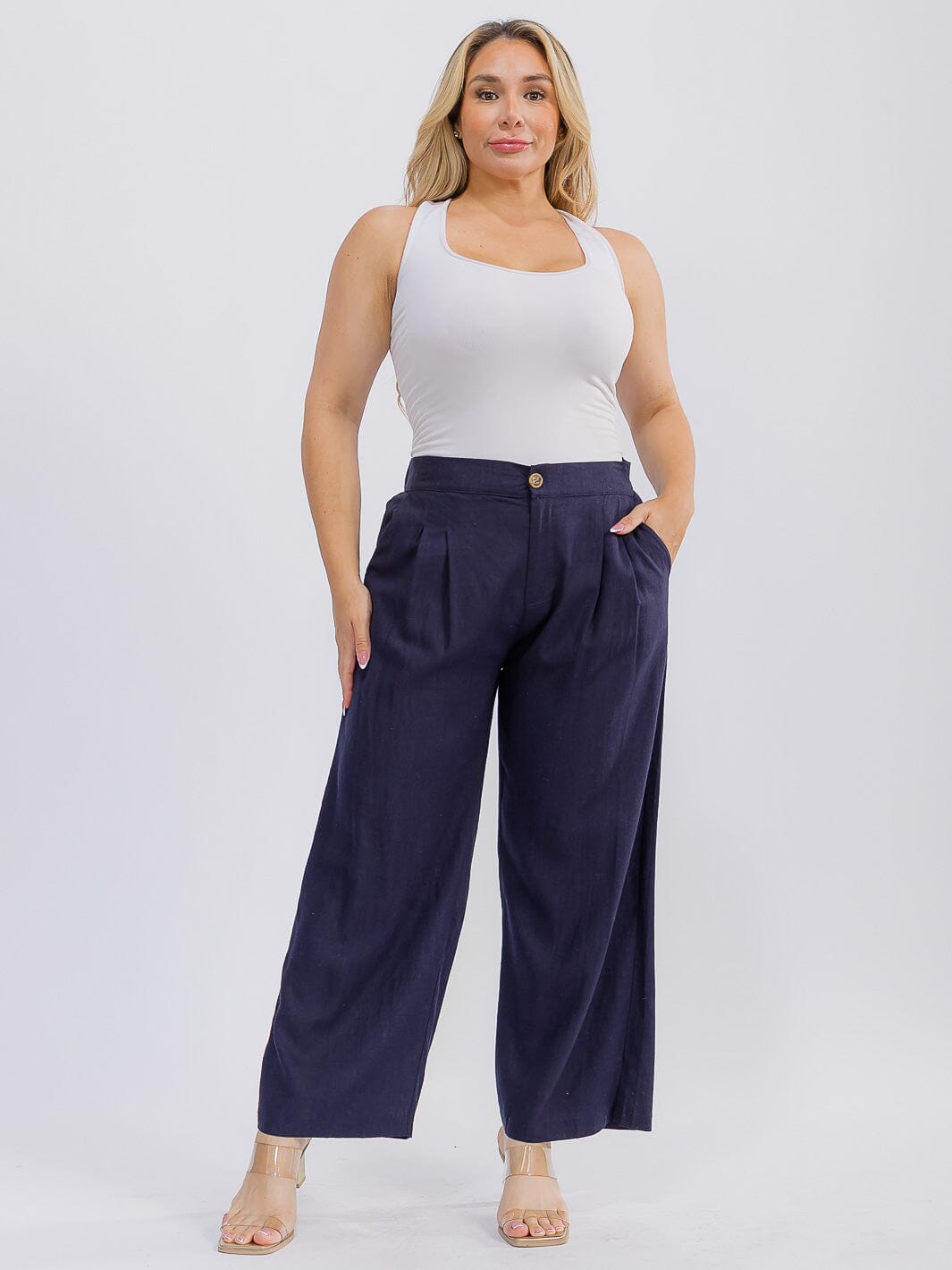 PLUS SIZE BUTTON CLOSURE FRONT POCKETS WIDE LEG PANTS