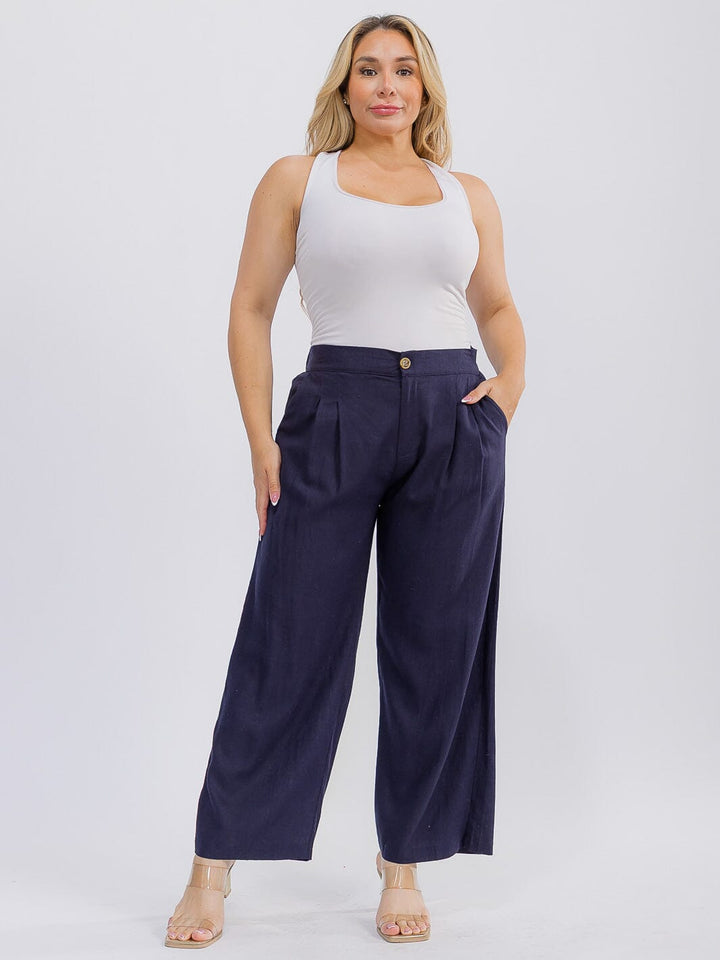 PLUS SIZE BUTTON CLOSURE FRONT POCKETS WIDE LEG PANTS