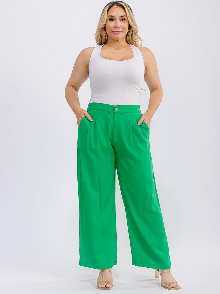 PLUS SIZE BUTTON CLOSURE FRONT POCKETS WIDE LEG PANTS