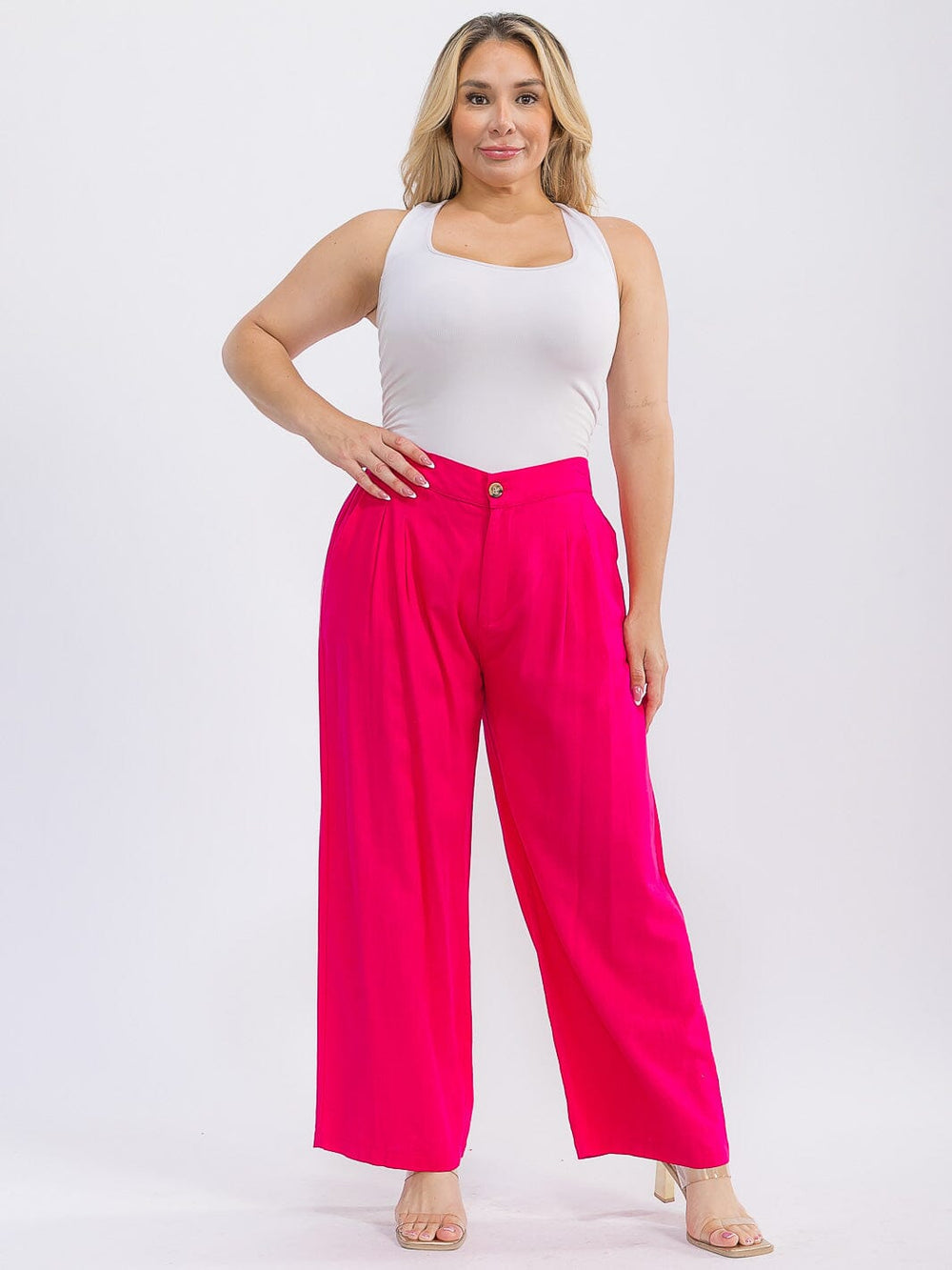 PLUS SIZE BUTTON CLOSURE FRONT POCKETS WIDE LEG PANTS