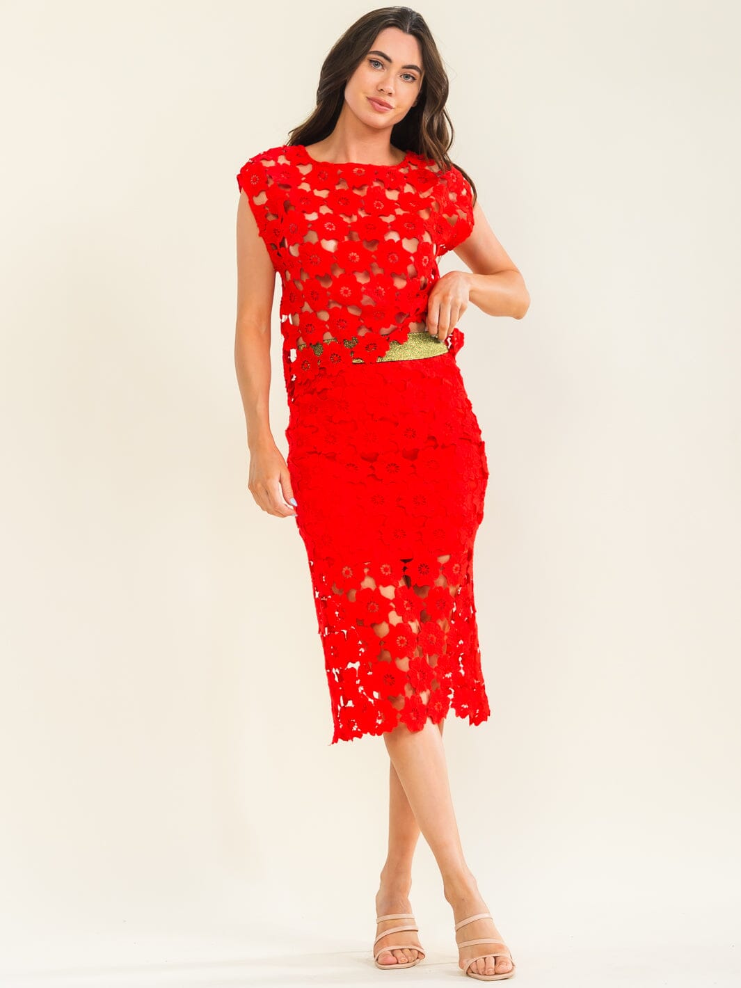 BEULAH WOMEN'S SLEEVELESS BLOUSE & ELASTIC WAIST MINI SKIRT & MIDI SKIRT CROCHET 3PC. SET