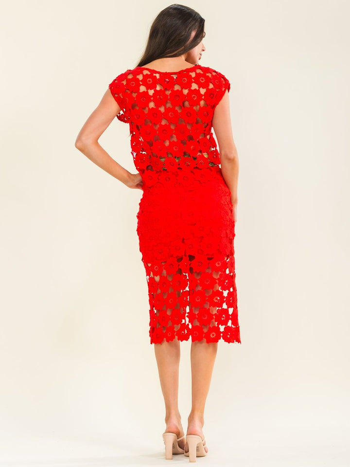 BEULAH WOMEN'S SLEEVELESS BLOUSE & ELASTIC WAIST MINI SKIRT & MIDI SKIRT CROCHET 3PC. SET
