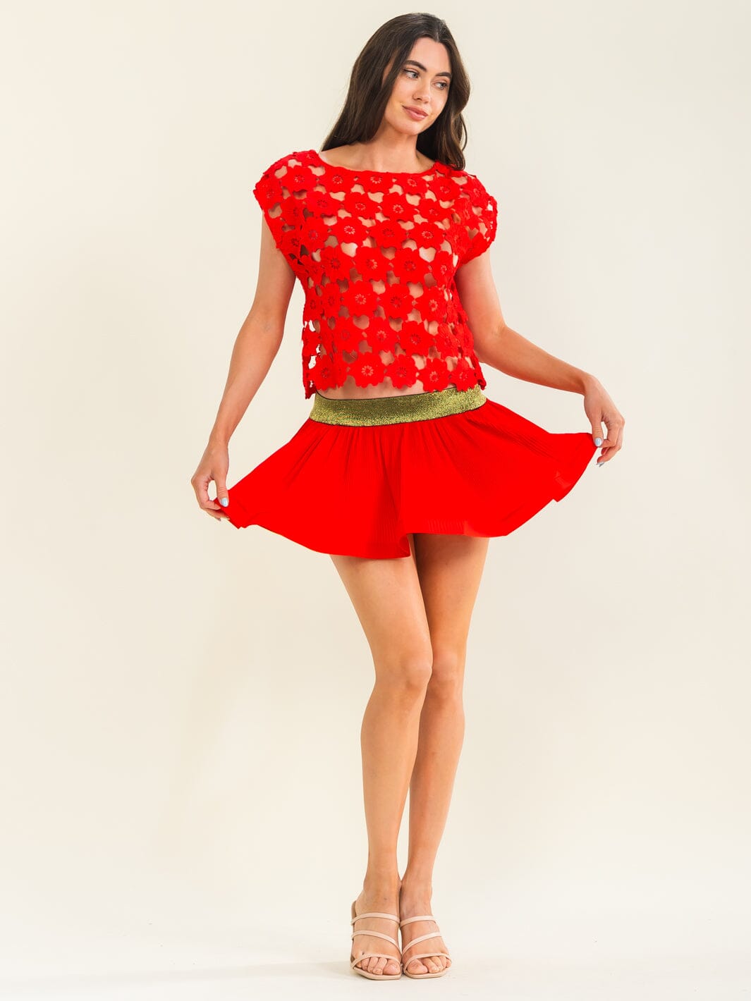 BEULAH WOMEN'S SLEEVELESS BLOUSE & ELASTIC WAIST MINI SKIRT & MIDI SKIRT CROCHET 3PC. SET