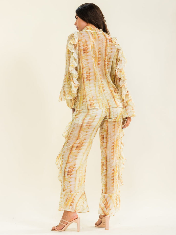 BEULAH WOMEN'S LONG SLEEVE V-NECK BLOUSE & ZIP UP WIDE LEG PANTS RUFFLE 2PC. SET