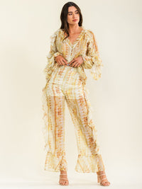BEULAH WOMEN'S LONG SLEEVE V-NECK BLOUSE & ZIP UP WIDE LEG PANTS RUFFLE 2PC. SET