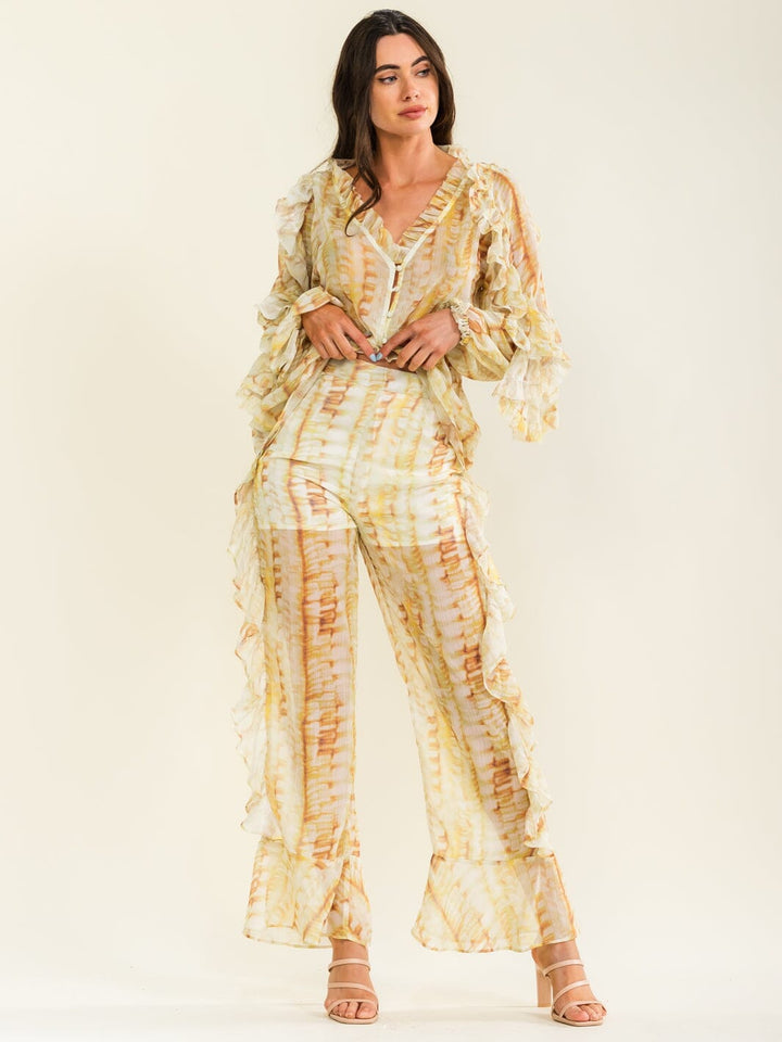 BEULAH WOMEN'S LONG SLEEVE V-NECK BLOUSE & ZIP UP WIDE LEG PANTS RUFFLE 2PC. SET