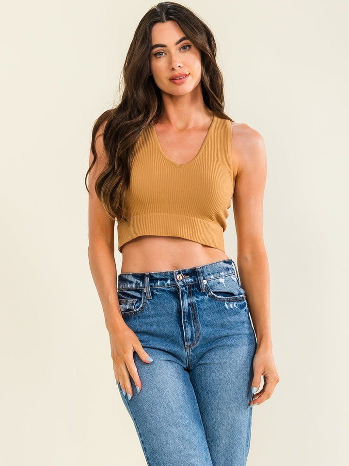 WOMEN'S SLEEVELESS V-NECK RIBBED CROP TANK TOP