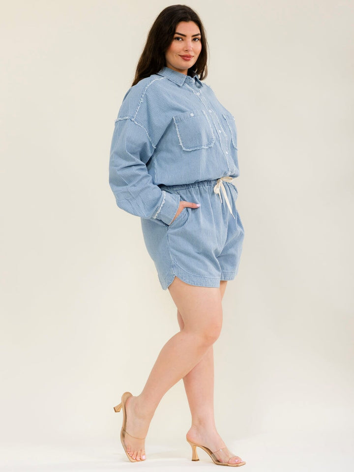 PLUS SIZE LONG SLEEVE BUTTON UP ADJUSTABLE WAIST FRONT POCKETS DENIM ROMPER