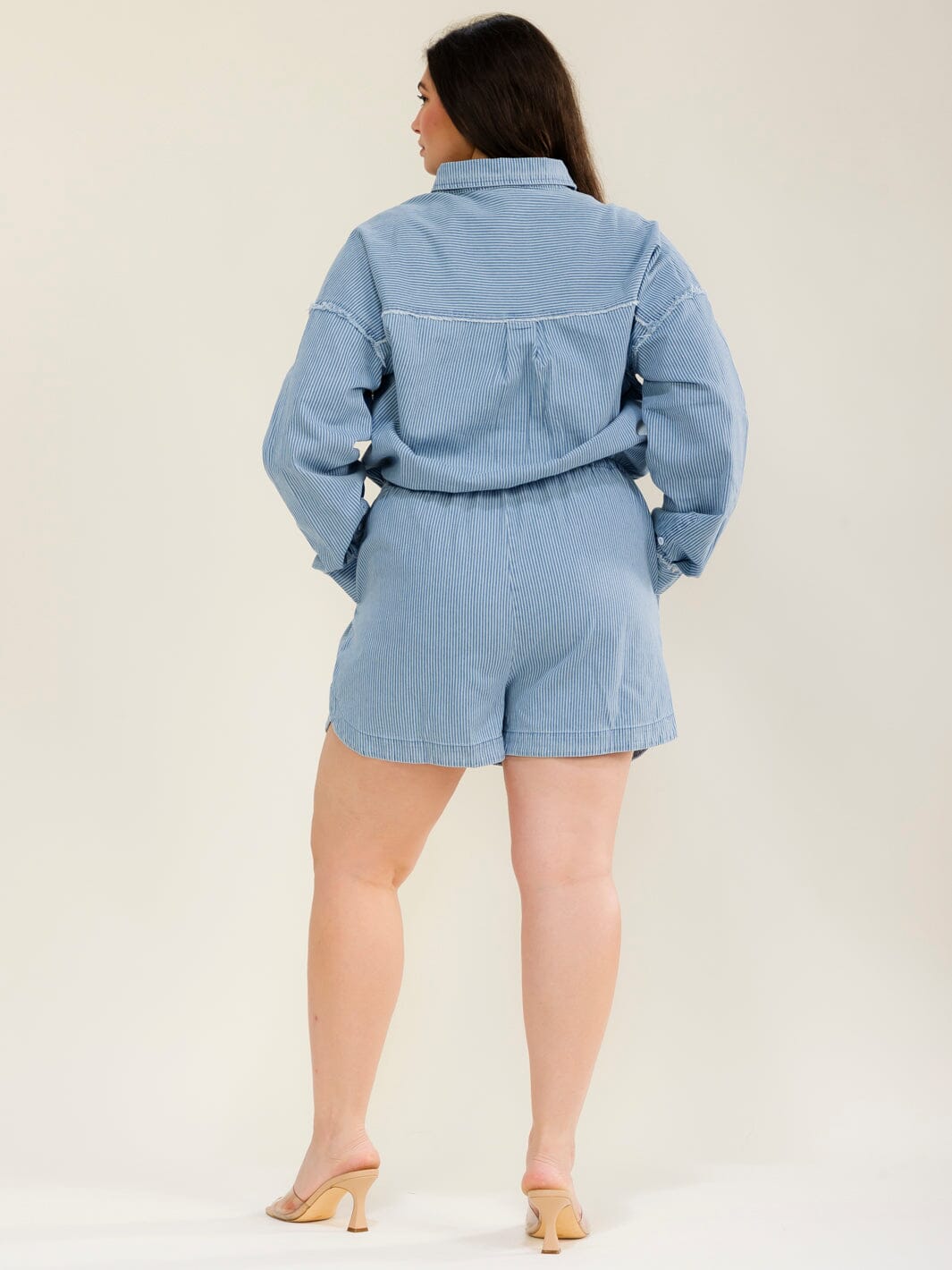 PLUS SIZE LONG SLEEVE BUTTON UP ADJUSTABLE WAIST FRONT POCKETS DENIM ROMPER