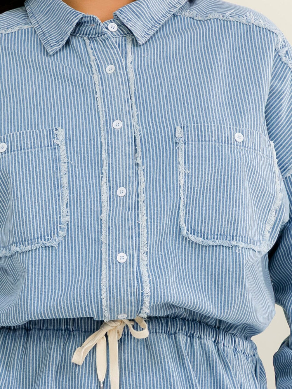 PLUS SIZE LONG SLEEVE BUTTON UP ADJUSTABLE WAIST FRONT POCKETS DENIM ROMPER
