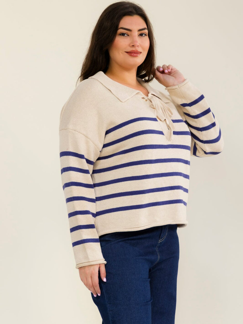 PLUS SIZE LONG SLEEVE V-NECK LACE UP COLORBLOCK STRIPES PULLOVER SWEATER