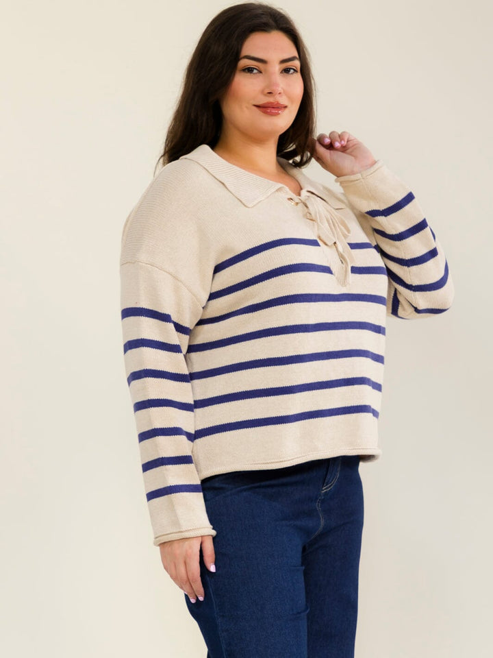 PLUS SIZE LONG SLEEVE V-NECK LACE UP COLORBLOCK STRIPES PULLOVER SWEATER