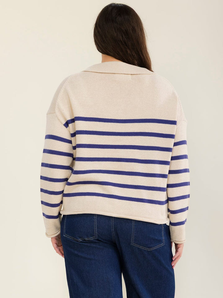 PLUS SIZE LONG SLEEVE V-NECK LACE UP COLORBLOCK STRIPES PULLOVER SWEATER